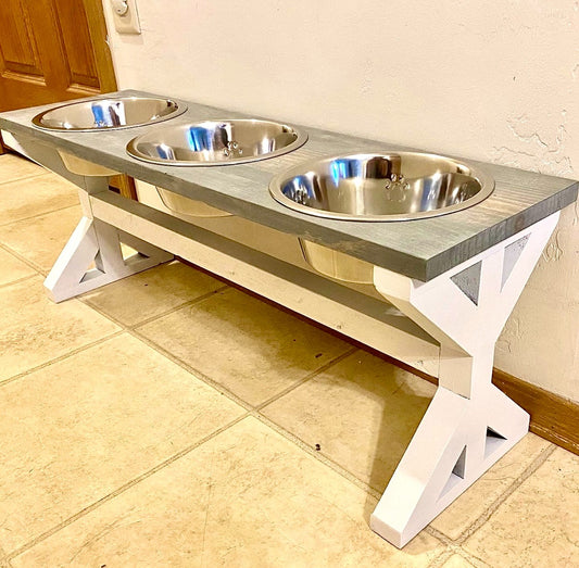 Handcrafted Farmhouse Style Raised Dog Feeder - 3 Bowl